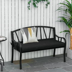 Outsunny 2-Seater Garden Bench with Cushion, Metal Loveseat, Slatted Outdoor Park Chair with Decorative Backrest and Armrest, Black