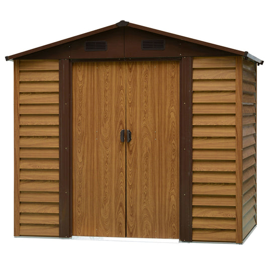 Outsunny 8 x 6ft Metal Garden Shed, House Hut Gardening Tool Storage with Ventilations, Sliding Door, Sloped Roof and Foundation Kit for Garden, Patio, Brown