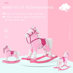 HOMCOM Baby Rocking Horse Plush Ride on Animals Rocker with Sound Handle Grip for Kids 3-6 Years - Pink