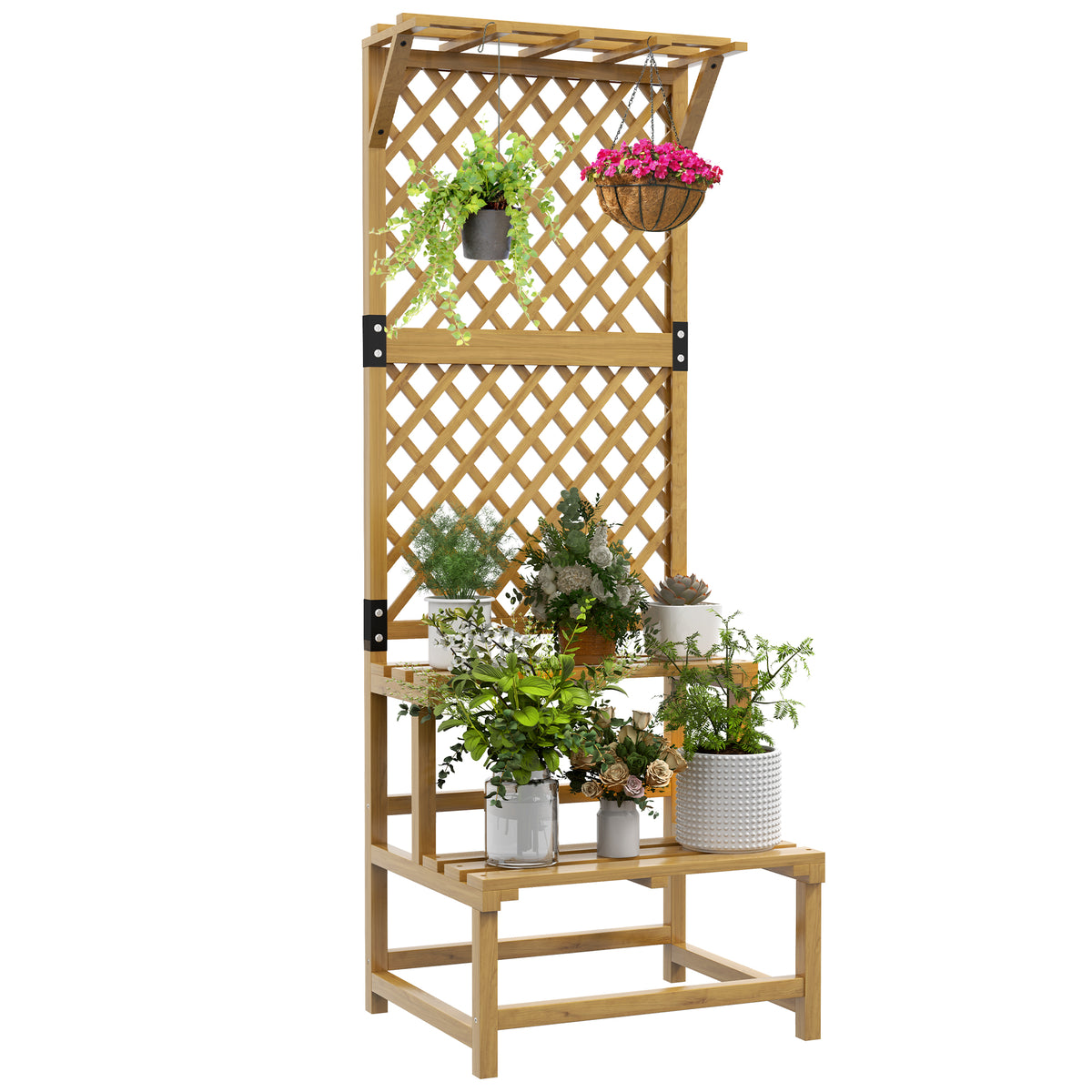 Outsunny Wooden Plant Stand, with Trellis - Natural Finish