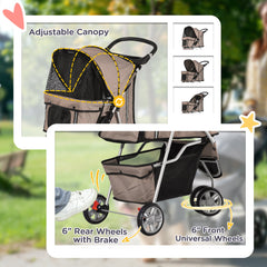 PawHut Dog Stroller, 3 Wheels Foldable Cat Dog Pram with Cup Holder, Storage Basket, Pet Stroller for Small Miniature Dogs, Brown