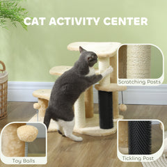 PawHut 2-in-1 Cat Tree, Pet Stairs with Scratching Tickling Post, Toy Balls, for Bed, Sofa, Couch, Beige