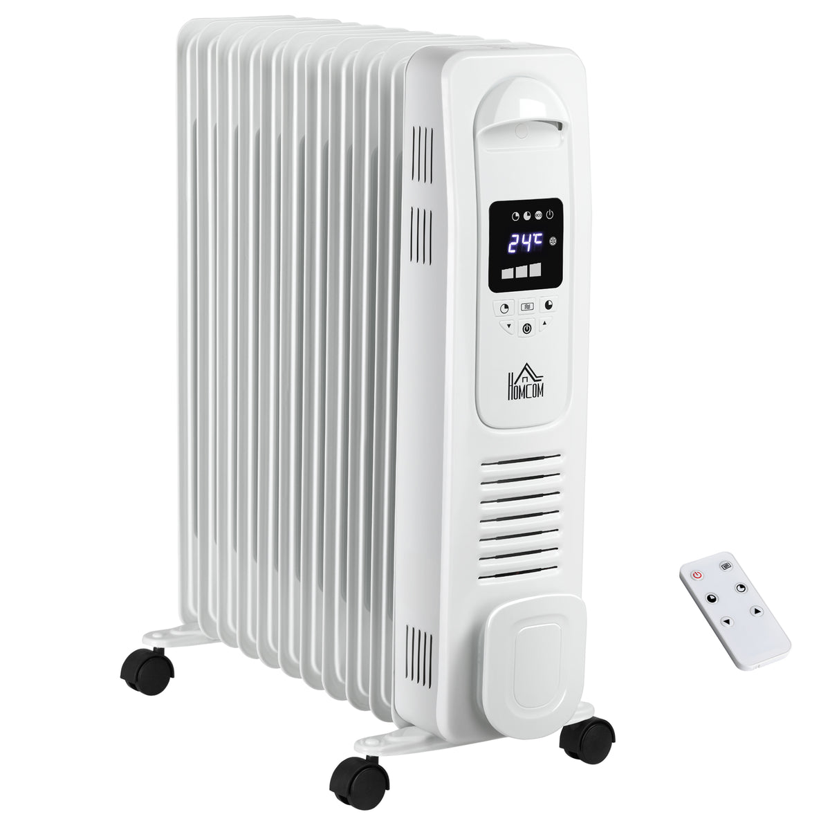 HOMCOM 2500W Digital Display Oil Filled Radiator, 11 Fin Portable Electric Heater with Timer, Adjustable Thermostat, Three Heat Settings, Safety Cut Off, Remote, White