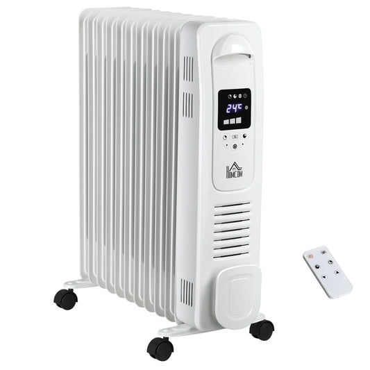 HOMCOM 2500W Digital Display Oil Filled Radiator, 11 Fin Portable Electric Heater with Timer, Adjustable Thermostat, Three Heat Settings, Safety Cut Off, Remote, White