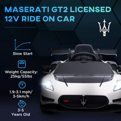 AIYAPLAY Maserati GT2 Licensed 12V Kids Electric Ride on Car with 4 Suspension Wheels, Remote Control, Music, Horn, Lights, White