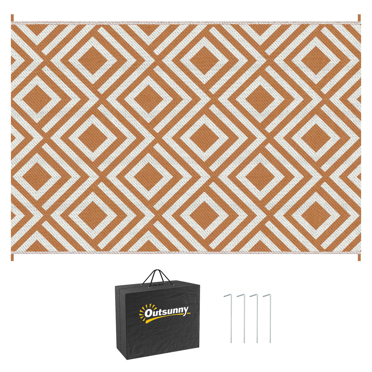 Outsunny Reversible Outdoor Rug, Plastic Straw Mat w/ Carry Bag Ground Stakes for Garden RV Picnic Beach Camping 182x274cm Brown