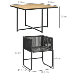 Outsunny 4 Seater Rattan Cube Garden Furniture Set, Rattan Dining Set with Cushions, Outdoor Dining Table and Chairs with Rectangular Wood Grain Plastic Top Table for Patio, Balcony, Black