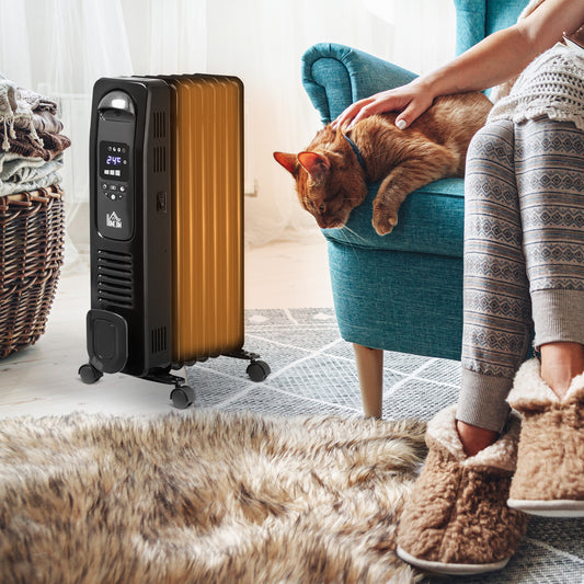 HOMCOM 1500W Digital Oil Filled Radiator, 7 Fin, Portable Electric Heater with LED Display, Built-in Timer, 3 Heat Settings, Safety Cut-Off and Remote Control, Black