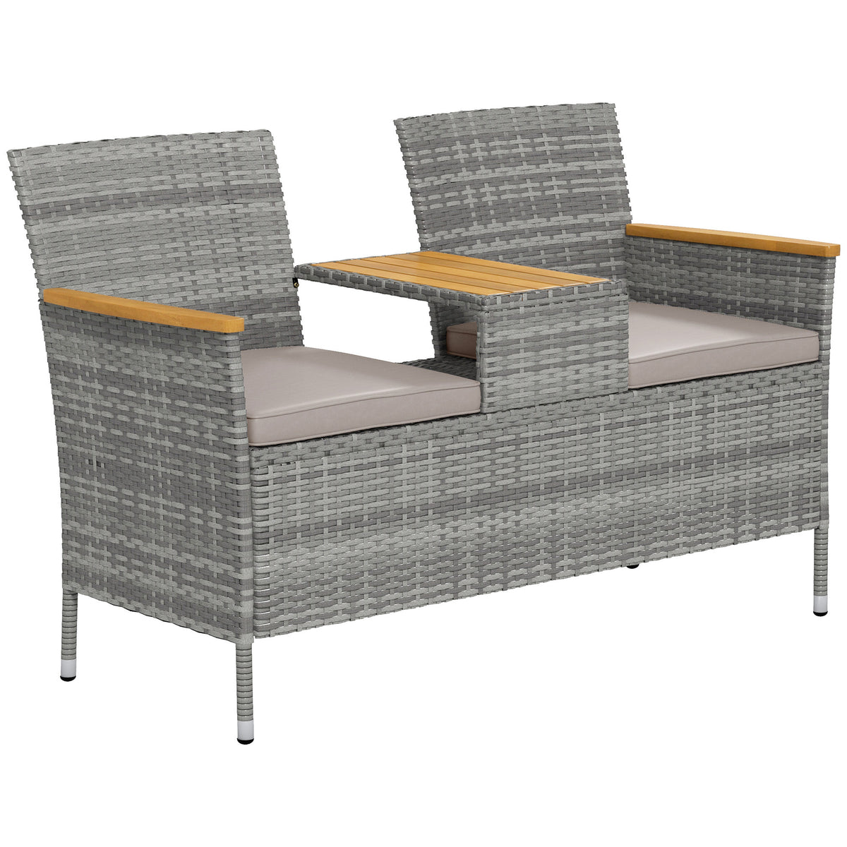 Outsunny Two-Seat Rattan Loveseat, with Wood-Top Middle Table - Grey