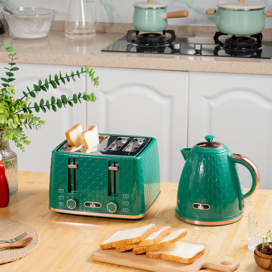 HOMCOM Kettle and Toaster Set, 1.7L 3000W Fast Boil Jug Kettle with Auto Shut Off, 4 Slice Toaster with 7 Level Browning Controls & Crumb Tray, Green