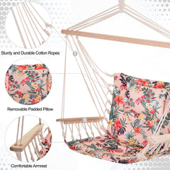 Outsunny Garden Outdoor Hanging Hammock Chair Thick Rope Frame Wooden Arms Safe Wide Seat Garden Outdoor Spot Stylish Multicoloured floral