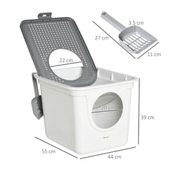 PawHut Cat Litter Box, Pet Toilet, Enclosed Kitten Pan with Front Entrance Top Exit, High Side, Scoop, White