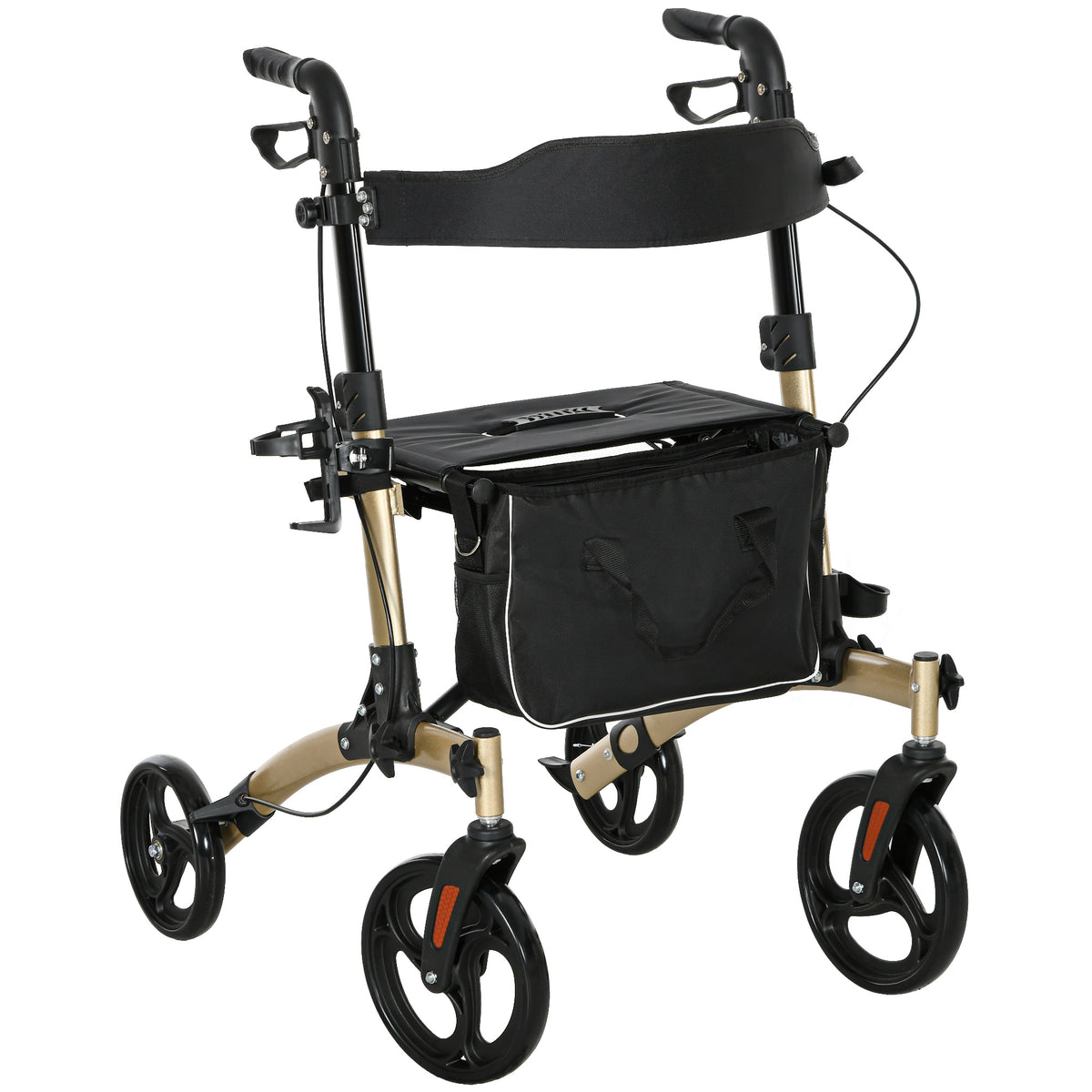 HOMCOM Folding Rollator with Cane Holder, Adjustable Handle Height and Aluminum Frame, 4 Wheeled Mobility Walker with Seat and Bag, Gold