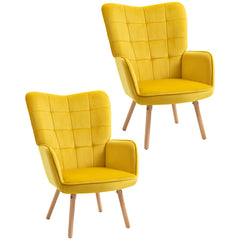 كرسي HOMCOM Modern Accent Chair بذراعين مبطن ومبطن بجناحين ومزين بلمسة مخملية مع أرجل خشبية، مجموعة من قطعتين، باللون الأصفر