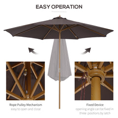 Outsunny 3(m) Garden Parasol, Pulley Operated Patio Umbrella, Wooden Parasol, Table Market Umbrella with Rope Pulley Mechanism and 8 Ribs, Coffee