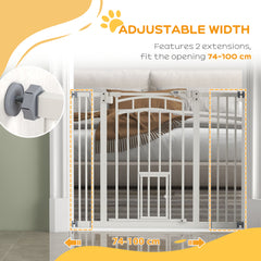 بوابة PawHut Pressure Fit Stair Dog Gate مع باب للقطط الصغيرة، باب يغلق تلقائيًا، قفل مزدوج، للفتحات من 74 إلى 100 سم - أبيض