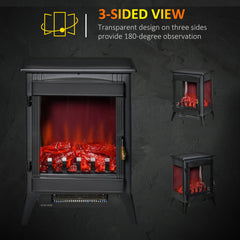 HOMCOM Free standing Electric Fireplace Stove, Fireplace Heater with LED Flame Effect, 3-sided Tempered Glass, Overheat Protection, 1000W/2000W, Black