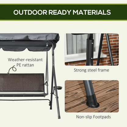 Outsunny 3 Seater Swing Chair, Garden Swing Seat Bench with Adjustable Canopy, Rattan Seat and Steel Frame for Patio, Yard, Dark Grey