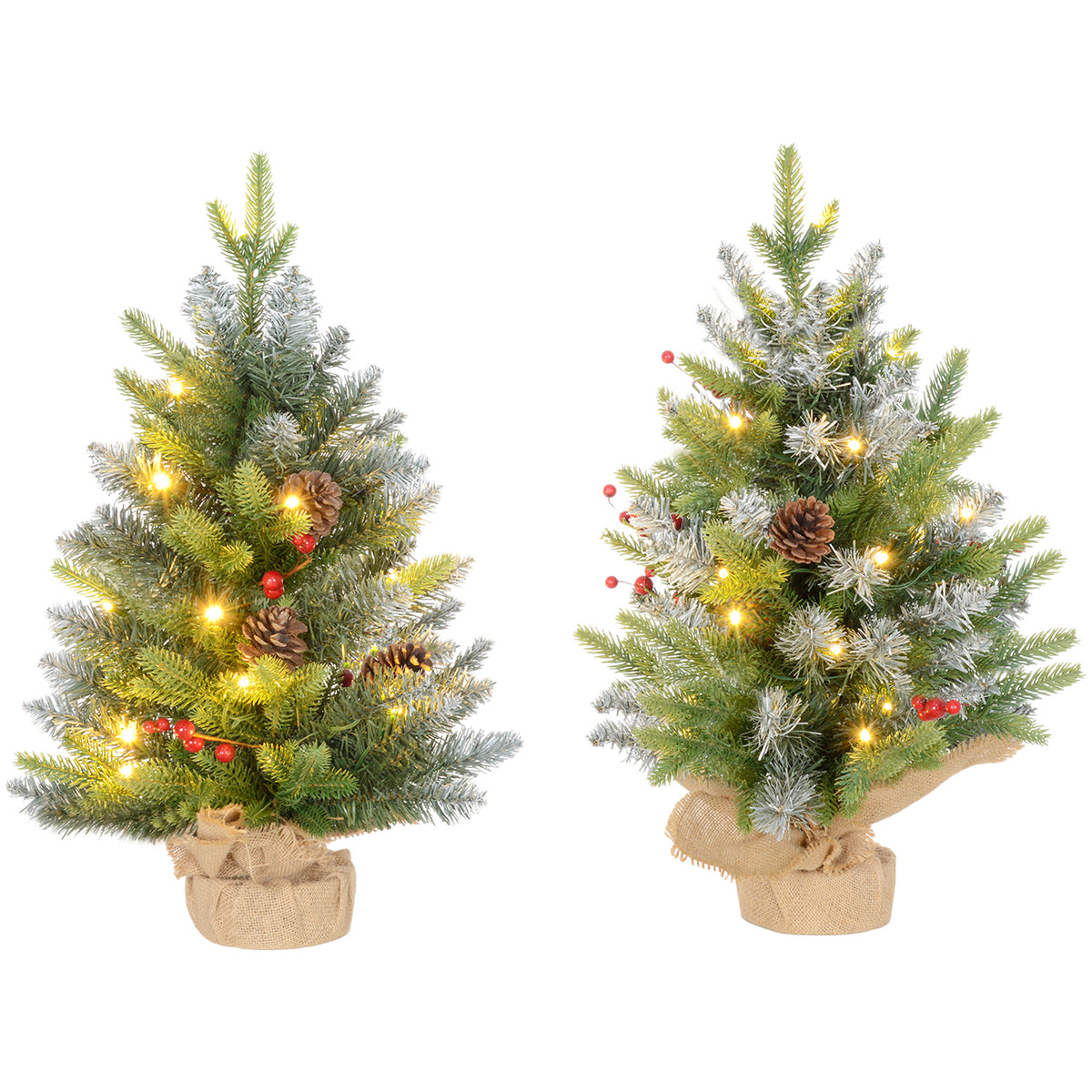 HOMCOM Set of Two 2ft Christmas Trees, with Lights, Berries and Pinecones