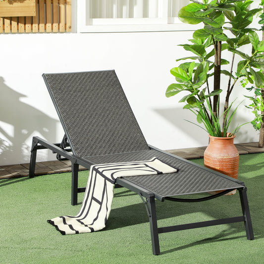 Outsunny Foldable Rattan Sun Lounger with 5-Level Adjust Backrest, Recliner Chair, Grey
