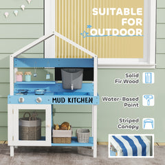 AIYAPLAY Kids Mud Kitchen Outdoor with Stoves, Sink, Faucet, Storage Shelves, Cookware Accessories for Boys Girls, Blue