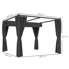 Outsunny 3 x 3(m) Retractable Pergola, Garden Gazebo Shelter with Curtains, for Grill, Patio, Deck, Charcoal Grey