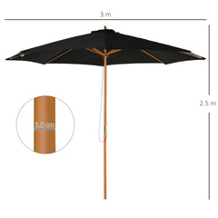 Outsunny 3(m) Garden Parasol, Pulley Operated Patio Umbrella, Wooden Table Market Umbrella with Rope Pulley Mechanism and 8 Ribs, Black