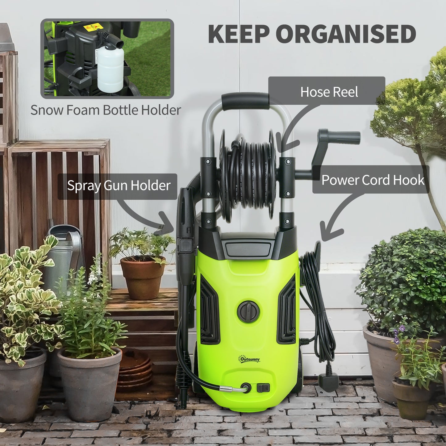 Outsunny 1800W High√Ç Pressure√Ç Washer, 150 Bar Pressure, 420 L/h Flow, Portable Power Washer Jet Wash Cleaner with Adjustable Nozzle, 6M Hose, Hose Reel, Steel Handle for Home Patio Car Driveway, Green