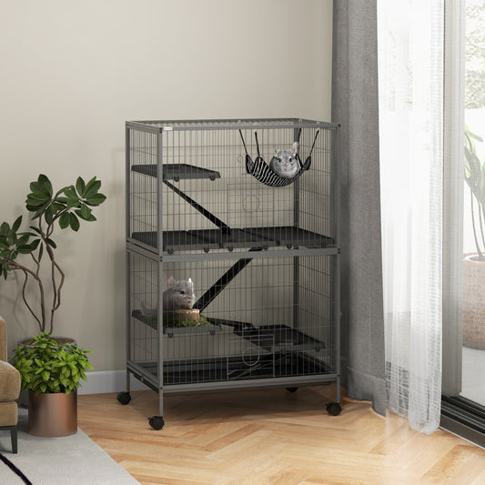 PawHut Small Animal Cage for Chinchilla Ferret Kitten on Wheels with Hammock Removable Tray, Grey