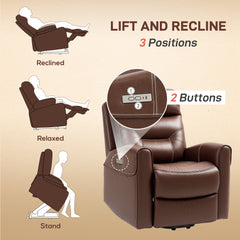 HOMCOM Power Lift Recliner Chair for Elderly, Overstuffed Faux Leather Riser and Reclining Chair with USB A+C Ports, Remote Control, Recliner Armchair for Living Room, Brown