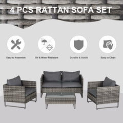 Outsunny 4 Pieces PE Rattan Garden Furniture with Cushion, Outdoor Wicker Conservatory Sofa Set w/ Armchairs, Loveseat, Glass Top Coffee Table, Dark Drey