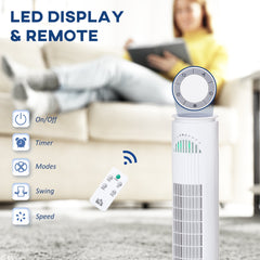 HOMCOM 30'' Freestanding Tower Fan, 3 Speed 3 Mode, 10h Timer, 70 Degree Oscillation, LED Light, 5M Remote Controller, White