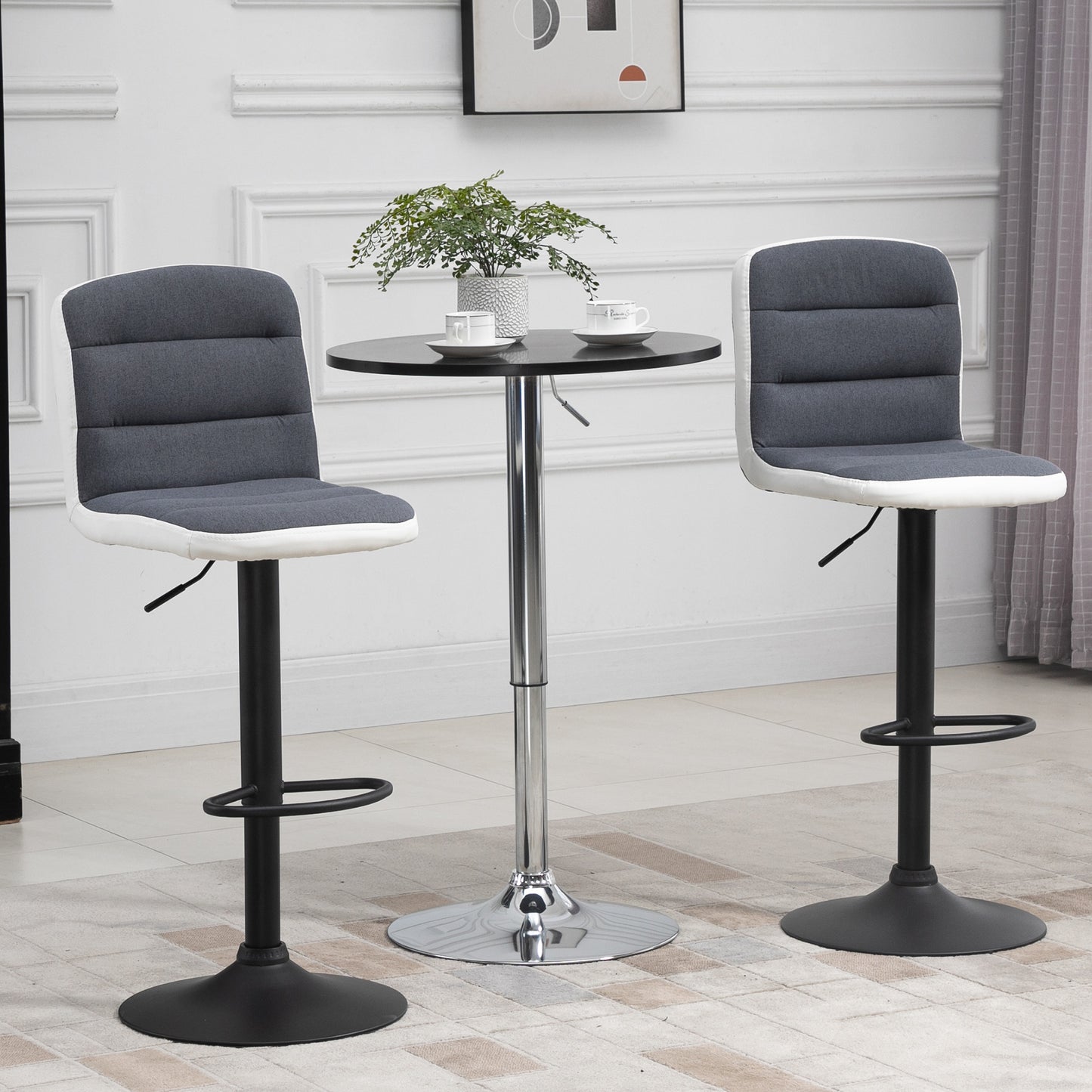 HOMCOM Bar Stools Set of 2, Height Adjustable Bar Chairs in Fabric and Faux Leather, 360√Ç¬∞ Swivel Kitchen Stool with Backrest and Footrest, Dark Grey