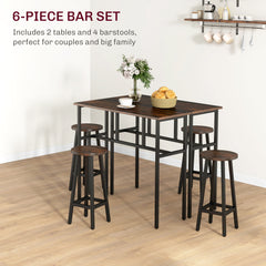 HOMCOM 6-Piece Bar Table Set, 2 Breakfast Tables with 4 Stools, Counter Height Dining Tables & Chairs for Kitchen, Living Room, Rustic Brown