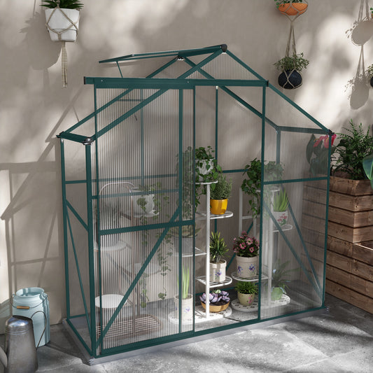 Outsunny 6 x 2.5ft Polycarbonate Greenhouse Walk-In Green House with Rain Gutter, Sliding Door, Window, Foundation, Green