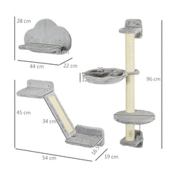 رفوف حائطية للقطط من PawHut مكونة من ثلاث قطع، مع أرجوحة، وسلالم، ومنصات، وعمود خدش - رمادي