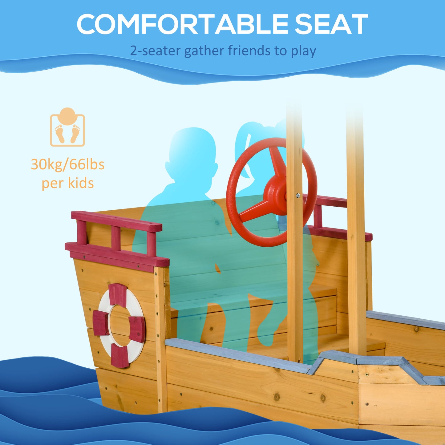 Outsunny Kids Wooden Sand Pit Children Sandbox Pirate Ship Sandboat Play Station for Outdoor w/ Canopy Shade Storage Bench Bottom Liner