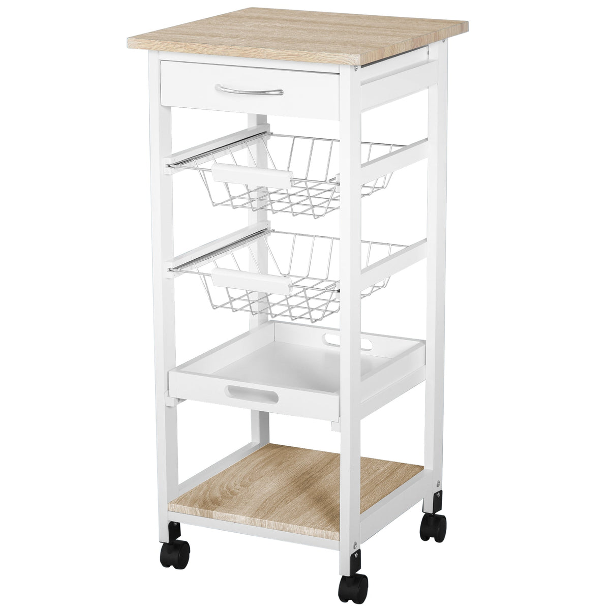 HOMCOM Mobile Rolling Kitchen Island Trolley for Home w/ Metal Baskets Trays Shelves Wheels Compact Stylish Storage White