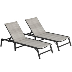 Outsunny Foldable Outdoor PE Rattan Sun Lounger Set of 2, Patio Wicker Recliners Lounge Chair w/ 5-Level Adjustable Backrest, for Poolside, Garden, Mixed Grey