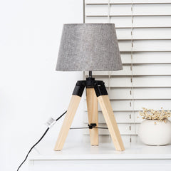 HOMCOM Wooden Tripod Table Lamp for Side, Desk or End Table with E27 Bulb Base√Ø¬ºÀÜGrey Shade√Ø¬º‚Ä∞