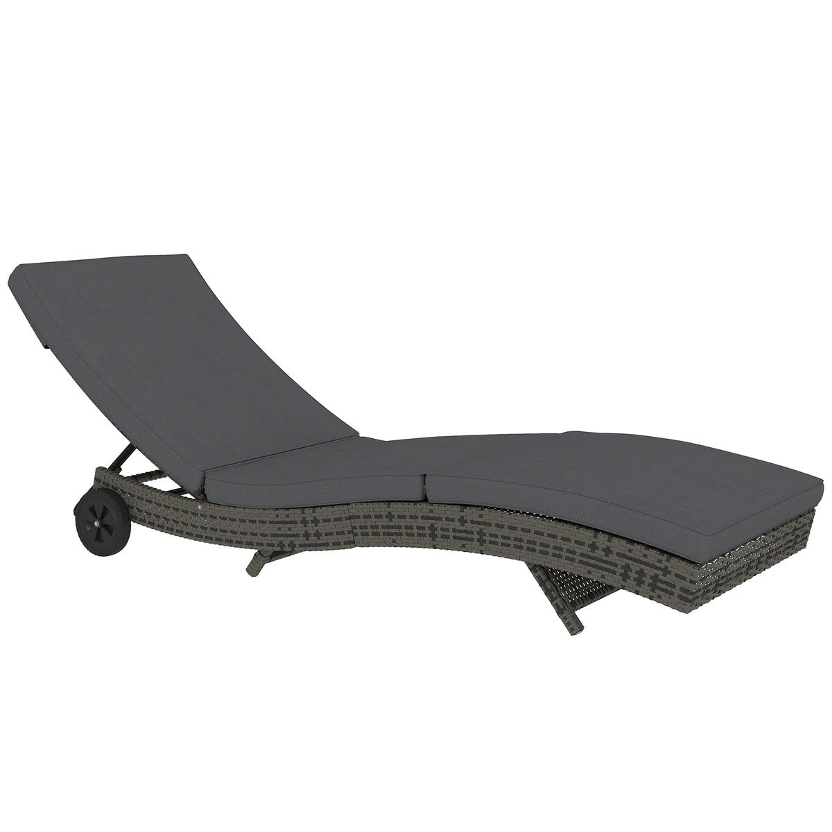 Outsunny Patio Wicker Chaise Lounge Chair, Outdoor PE Rattan Sun Lounger with Adjustable Backrest and 2 Wheels, Dark Grey