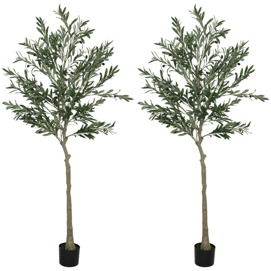 HOMCOM Set of 2 6ft/ 180cm Decorative Artificial Plant, Silk Olive Tree with 900 Leaves and 40 Olive Fruits in Pot, Fake Plant for Home, Office, Living Room, Indoor Decor