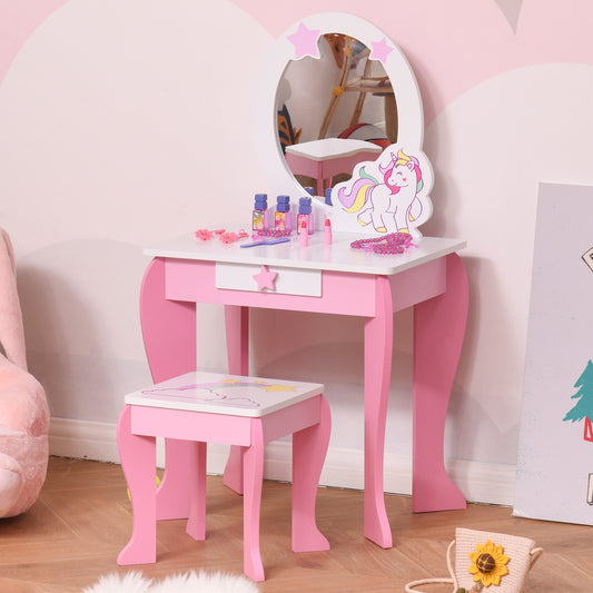 HOMCOM Kids Dressing Table with Mirror, Stool, Pink