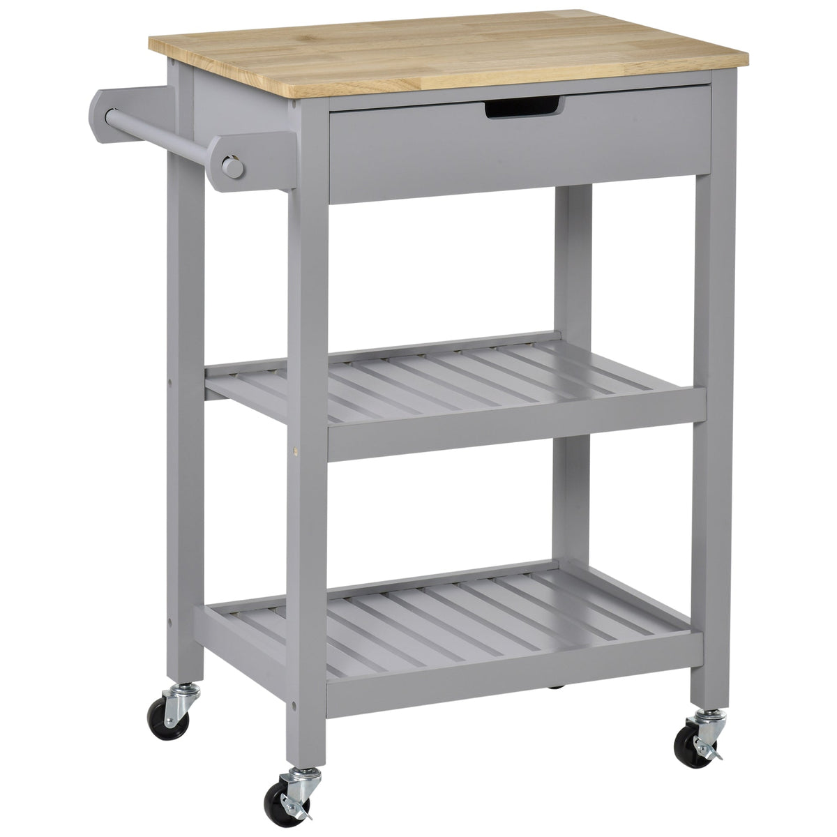 HOMCOM Kitchen Trolley Utility Cart on Wheels with Rubberwood Worktop, Towel Rack, Storage Shelves & Drawer for Dining Room, Grey