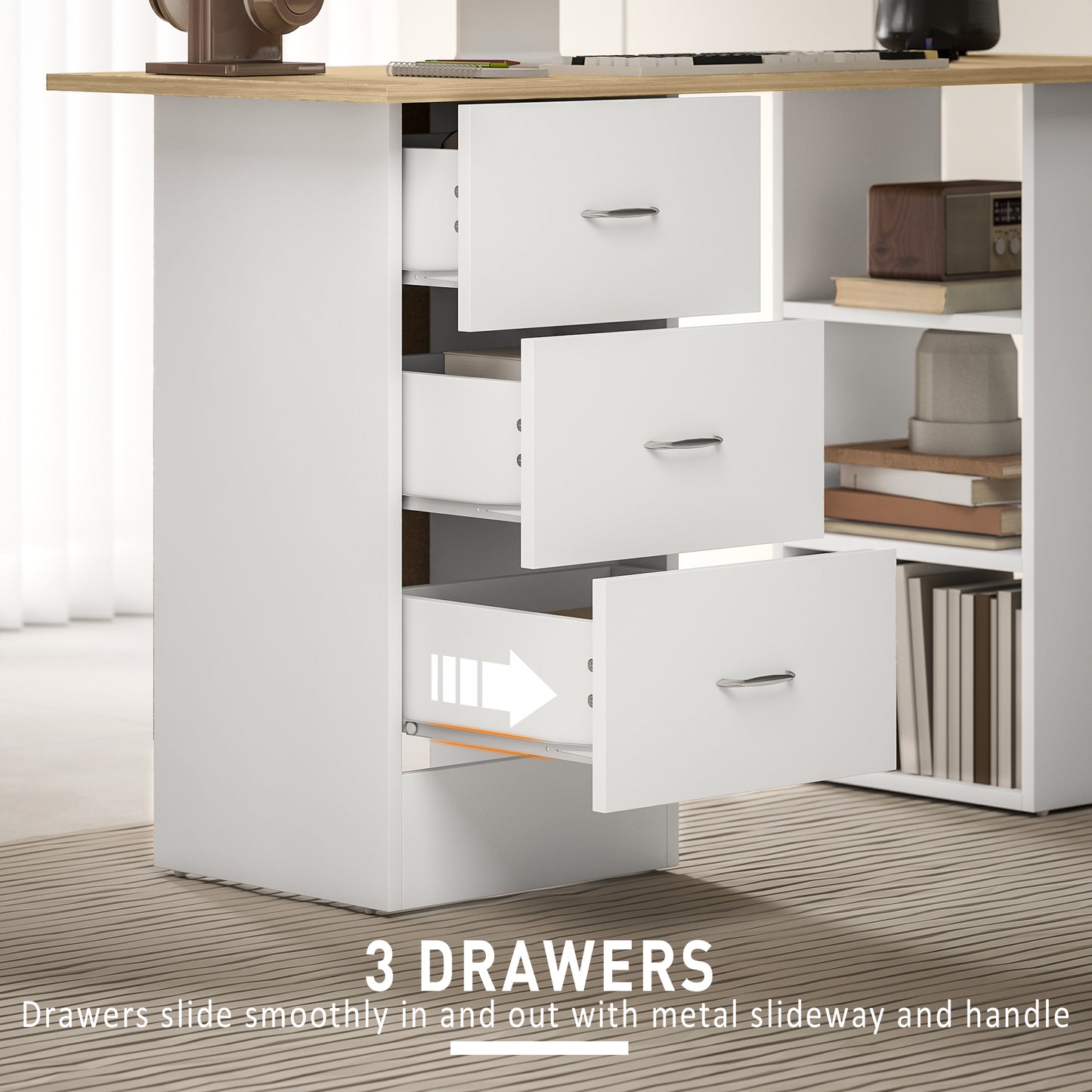 HOMCOM Computer Desk, Writing Table, PC Workstation with 3 Storage Shelves and Drawers, Silver Handle, for Home Office, Natural Wood Finish and White