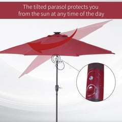 Outsunny â2.7m Garden 24 LED Light Parasol Solar Outdoor Tilt Sun Umbrella Patio Club Party Event Manual Sun Shade w/ Hand Crank and 8 Ribs, Red