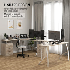 HOMCOM L-Shaped Computer Desk Table with Storage Drawer, Home Office Desk Corner Industrial Style Workstation for A4 Files 143.5 x 143.5 x 76cm, Oak