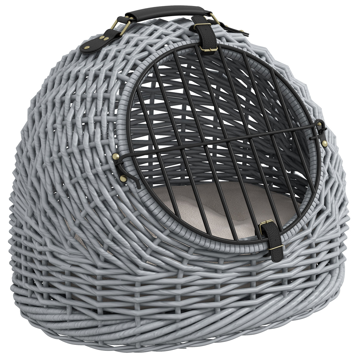 سلة حمل الحيوانات الأليفة من PawHut Wicker Pet Carrier Basket Cat Kitten Bed قفص سفر محمول مع مقبض مبطن ناعم، رمادي 50 × 40 × 40 سم