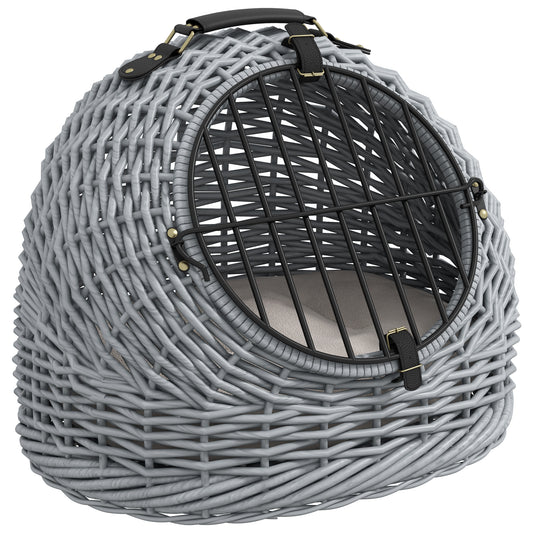 PawHut Wicker Pet Carrier Basket Cat Kitten Bed Portable Travel Cage w/ Soft Cushion Handle Grey 50 x 40 x 40 cm