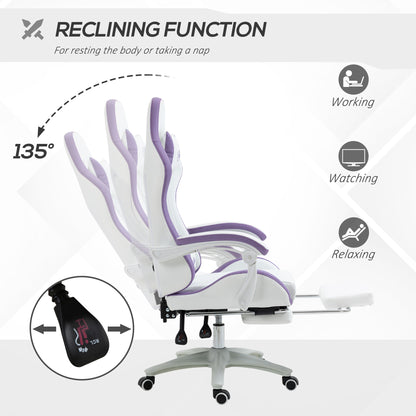 Vinsetto Computer Gaming Chair, PU Leather Office Desk Chair with Footrest, Swivel Wheels, 135√Ç¬∞ Reclining Back, Lumbar Support, Headrest for Home, White and Purple